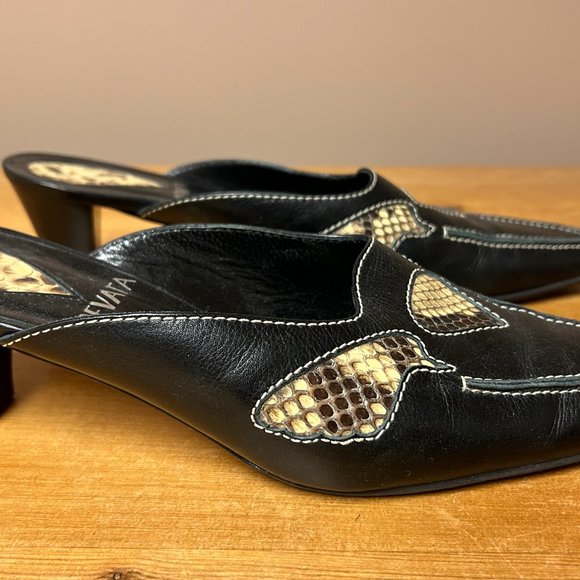 Prevata Black Calf & Python Imprint Mules - Size 9N | Elegant 2 1/2" Heel - Picture 2 of 5